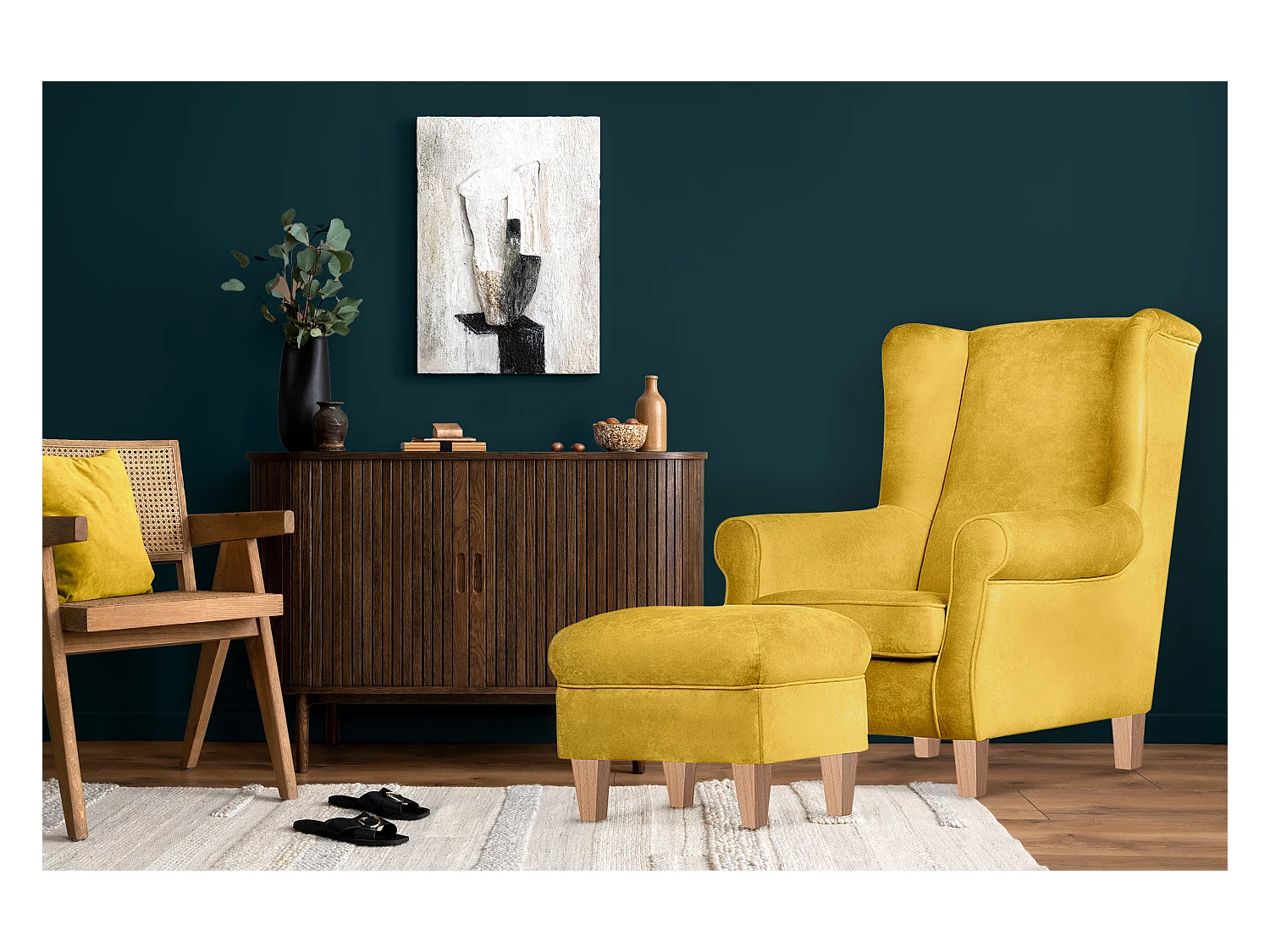 Ohrensessel Set inkl. Sitzhocker -  gelb - MILES