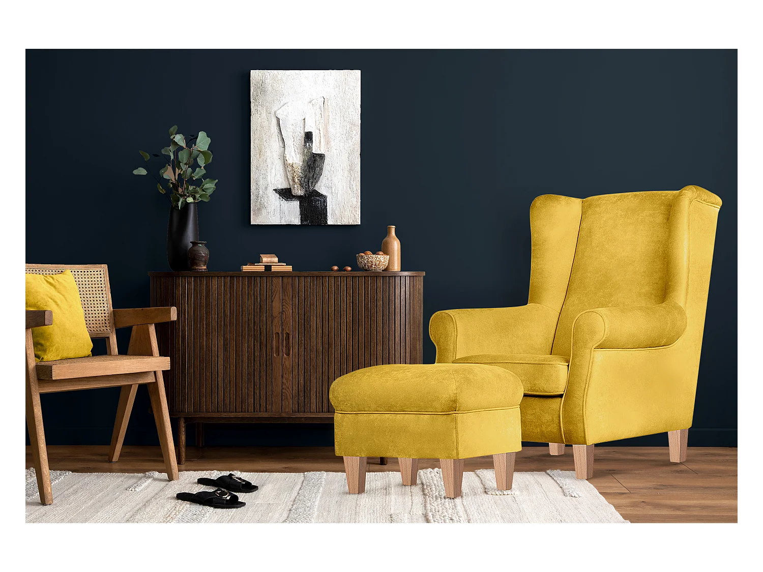 Ohrensessel Set inkl. Sitzhocker -  gelb - MILES