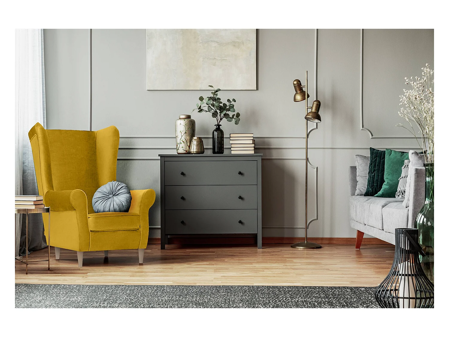 Ohrensessel Set inkl. Sitzhocker -  gelb - MILES