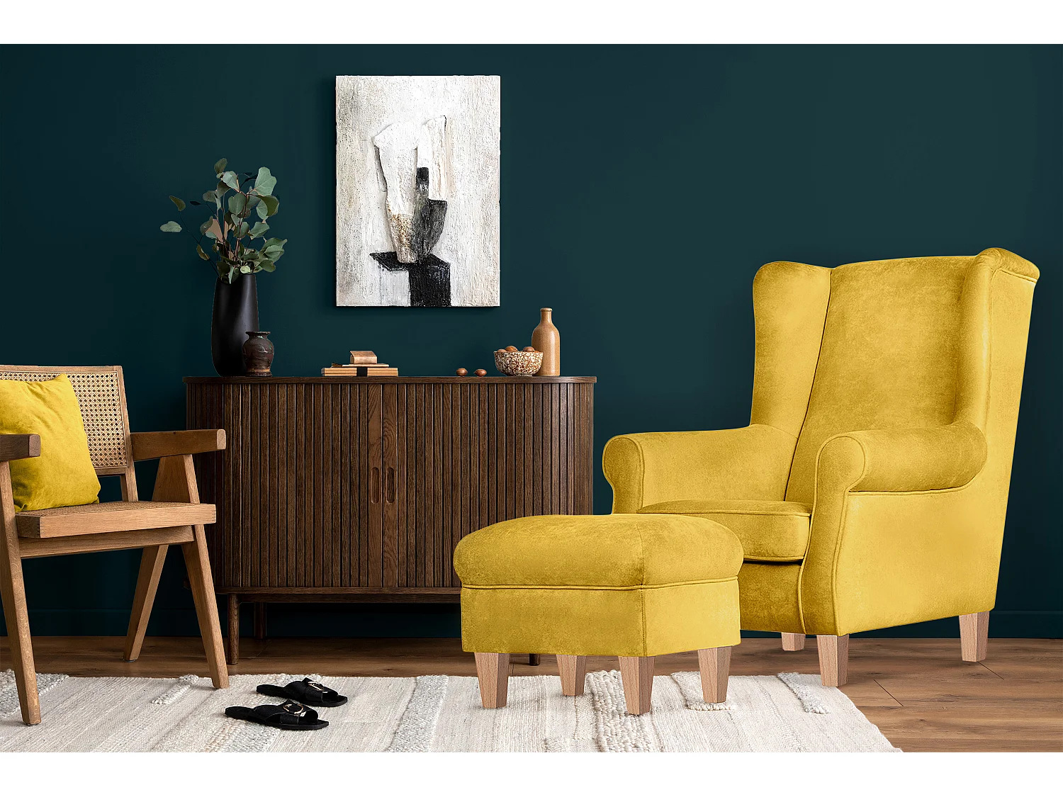 Ohrensessel Set inkl. Sitzhocker -  gelb - MILES