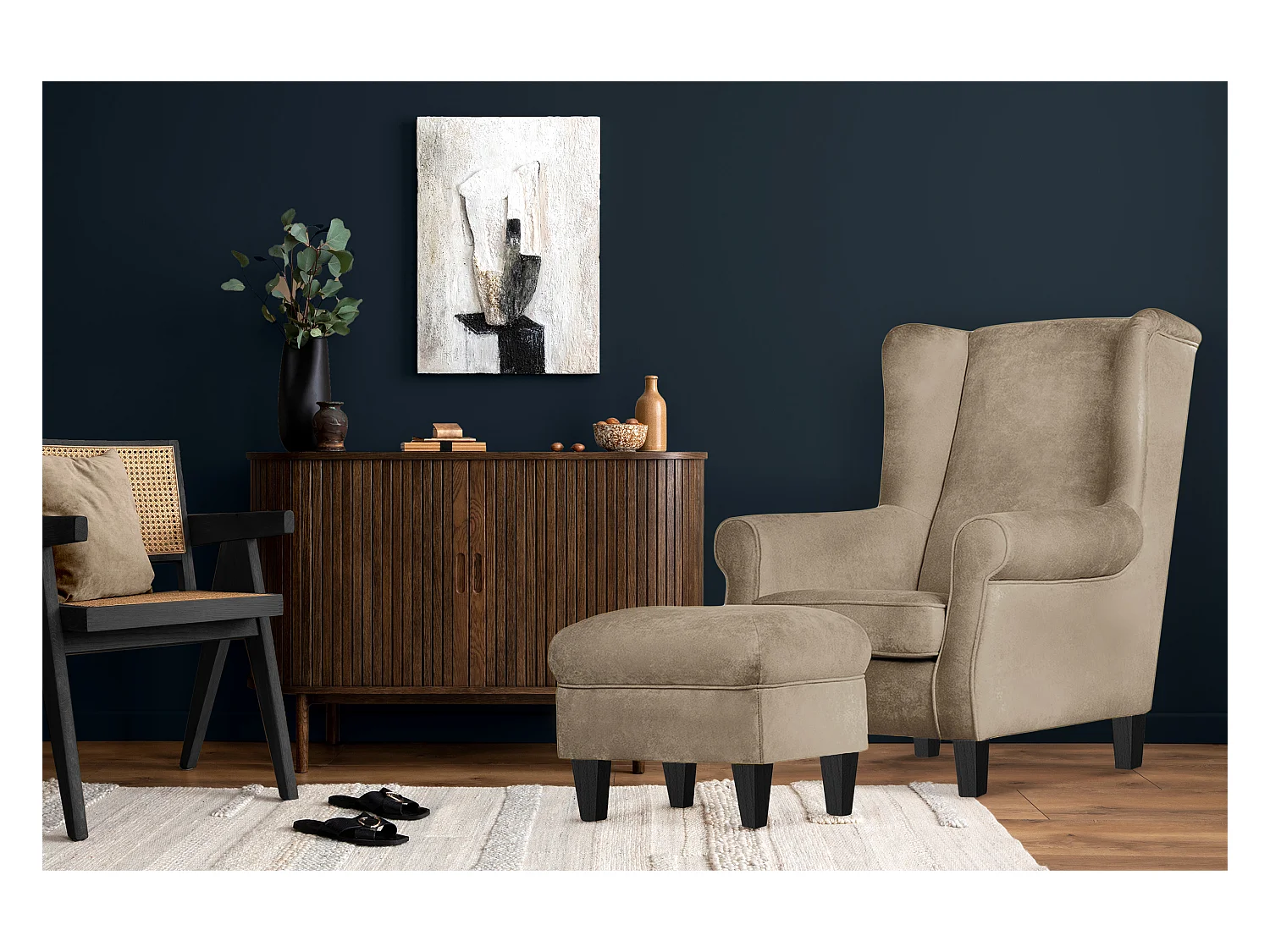 Ohrensessel Set inkl. Sitzhocker -  beige - MILES