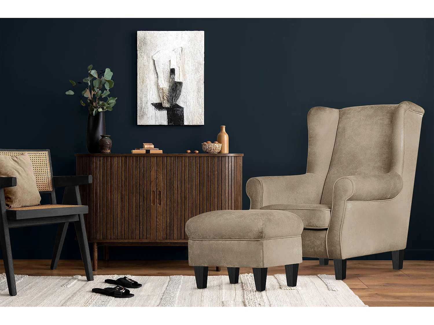 Ohrensessel Set inkl. Sitzhocker -  beige - MILES