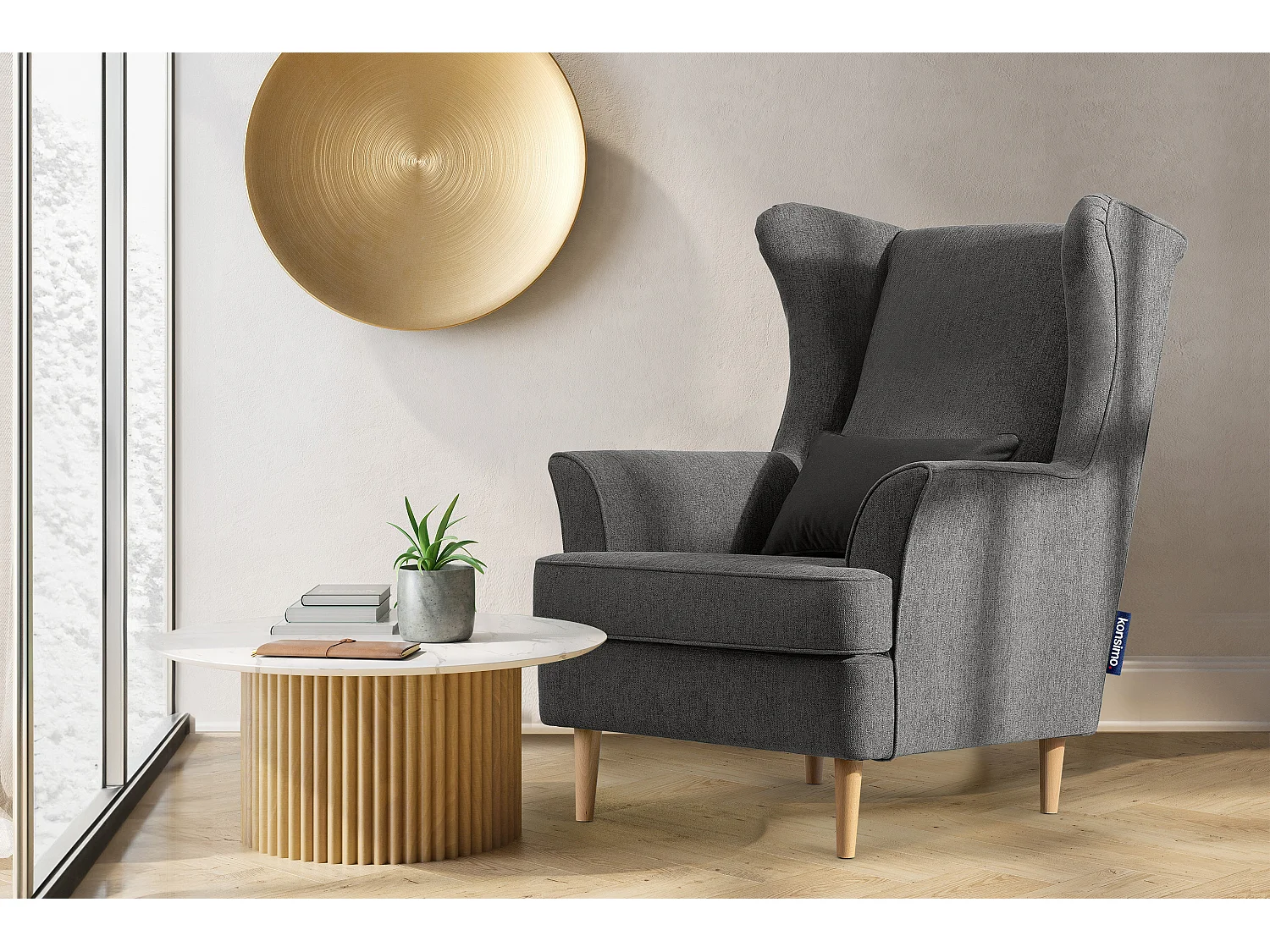 Klassischer Ohrensessel - Velours-Bezug grau - STRALIS