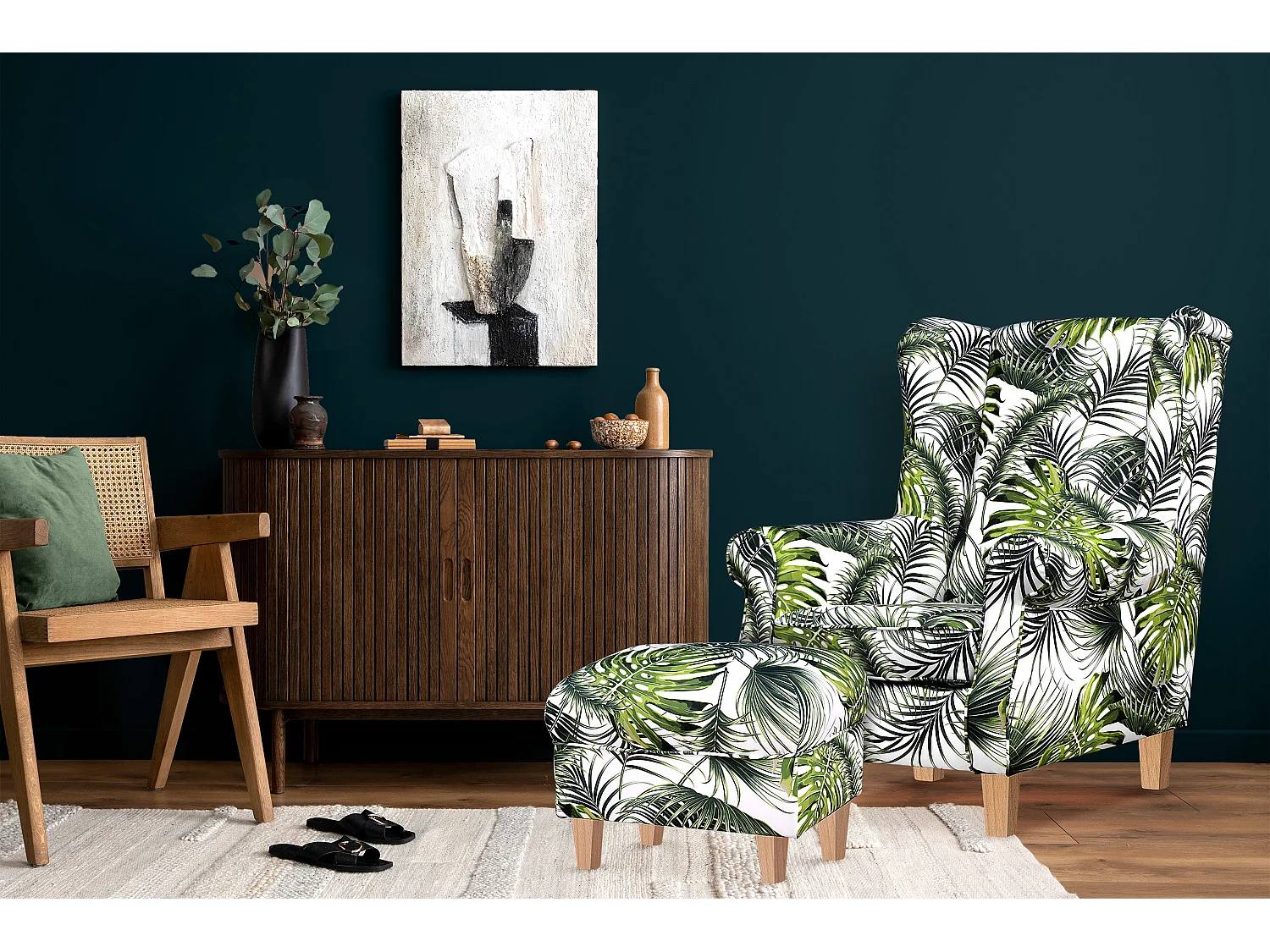 Ohrensessel + Pouffe Set  - weiß/grün/buche - MILES