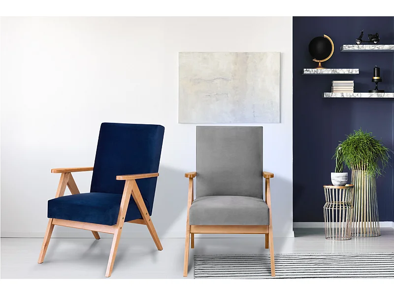 Vintage Sessel gepolstert Echt-Holz-Rahmen - grau - NASET