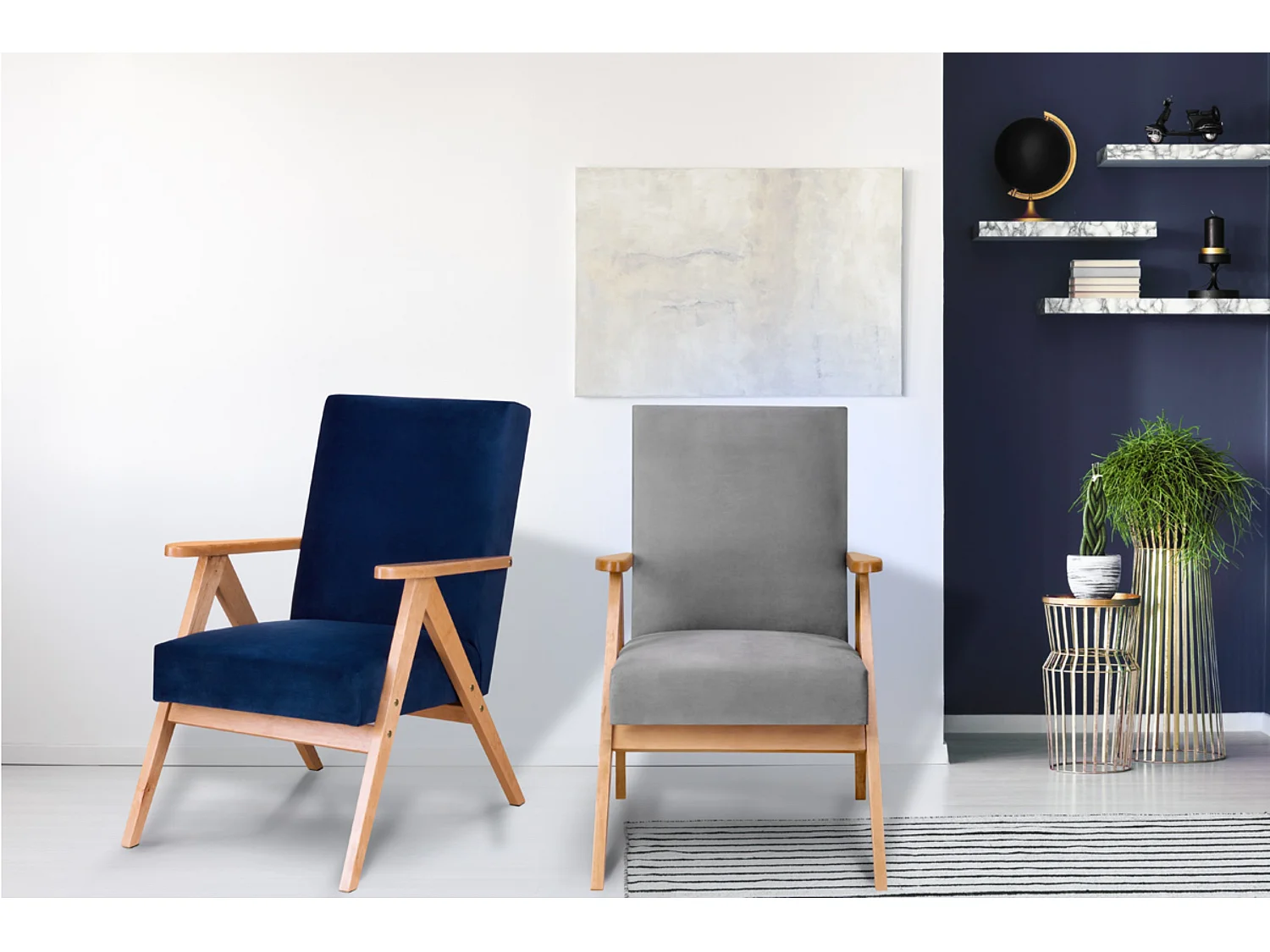 Vintage Sessel gepolstert Echt-Holz-Rahmen - grau - NASET