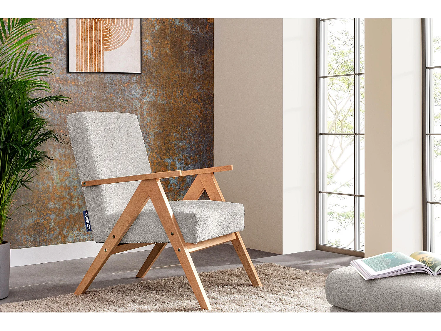 Vintage Sessel gepolstert Echt-Holz-Rahmen - hellgrau - NASET