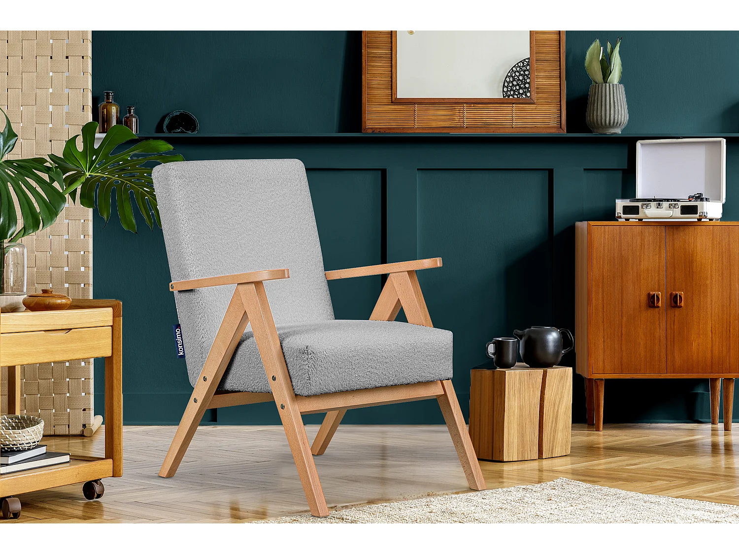 Vintage Sessel gepolstert Echt-Holz-Rahmen - hellgrau - NASET