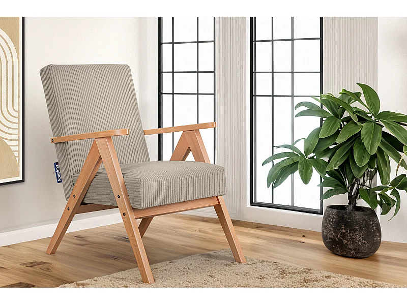 Vintage Sessel gepolstert Echt-Holz-Rahmen - dunkelbeige - NASET