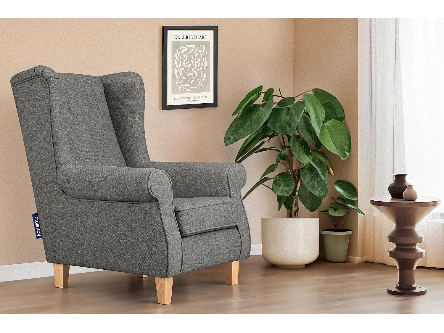 Ohrensessel Massivholzbeine - grau/buchenfarben - MILES