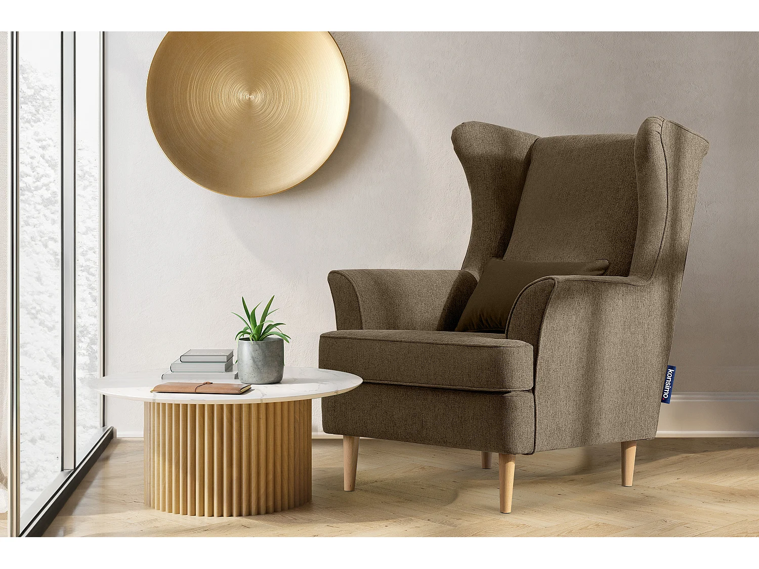 Klassischer Ohrensessel - Velours-Bezug braun - STRALIS