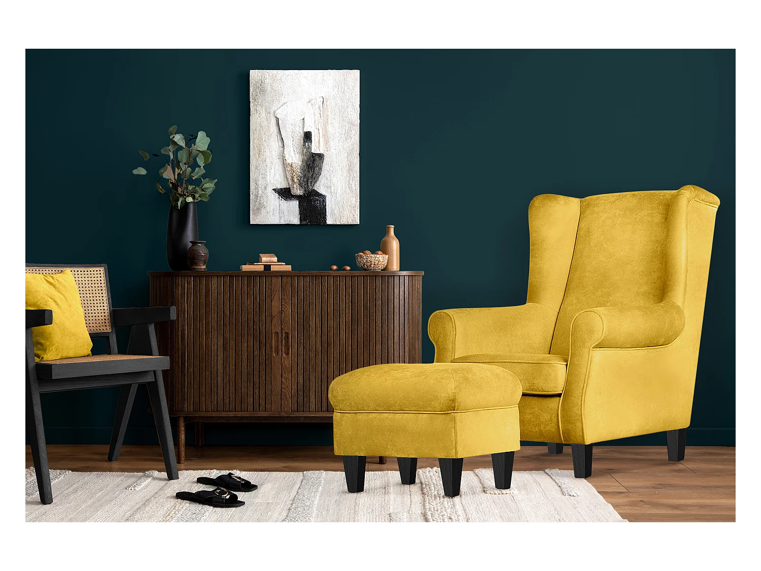 Ohrensessel Set inkl. Sitzhocker -  Gelb - MILES