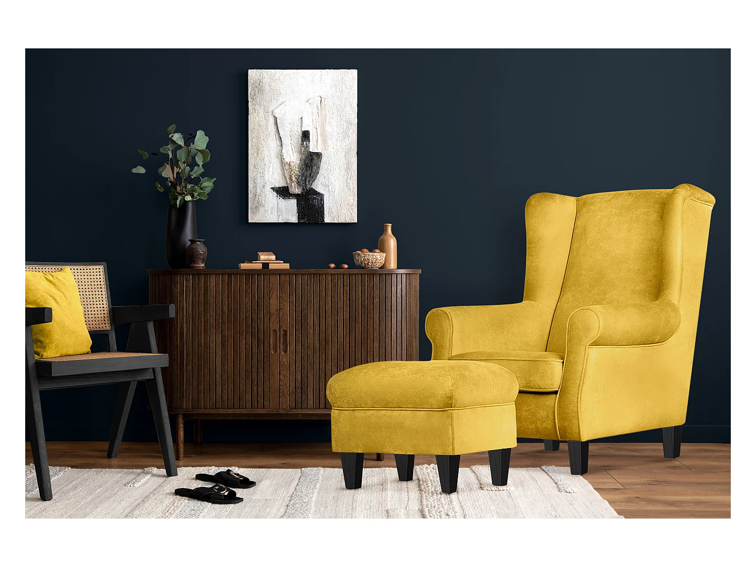 Ohrensessel Set inkl. Sitzhocker -  Gelb - MILES