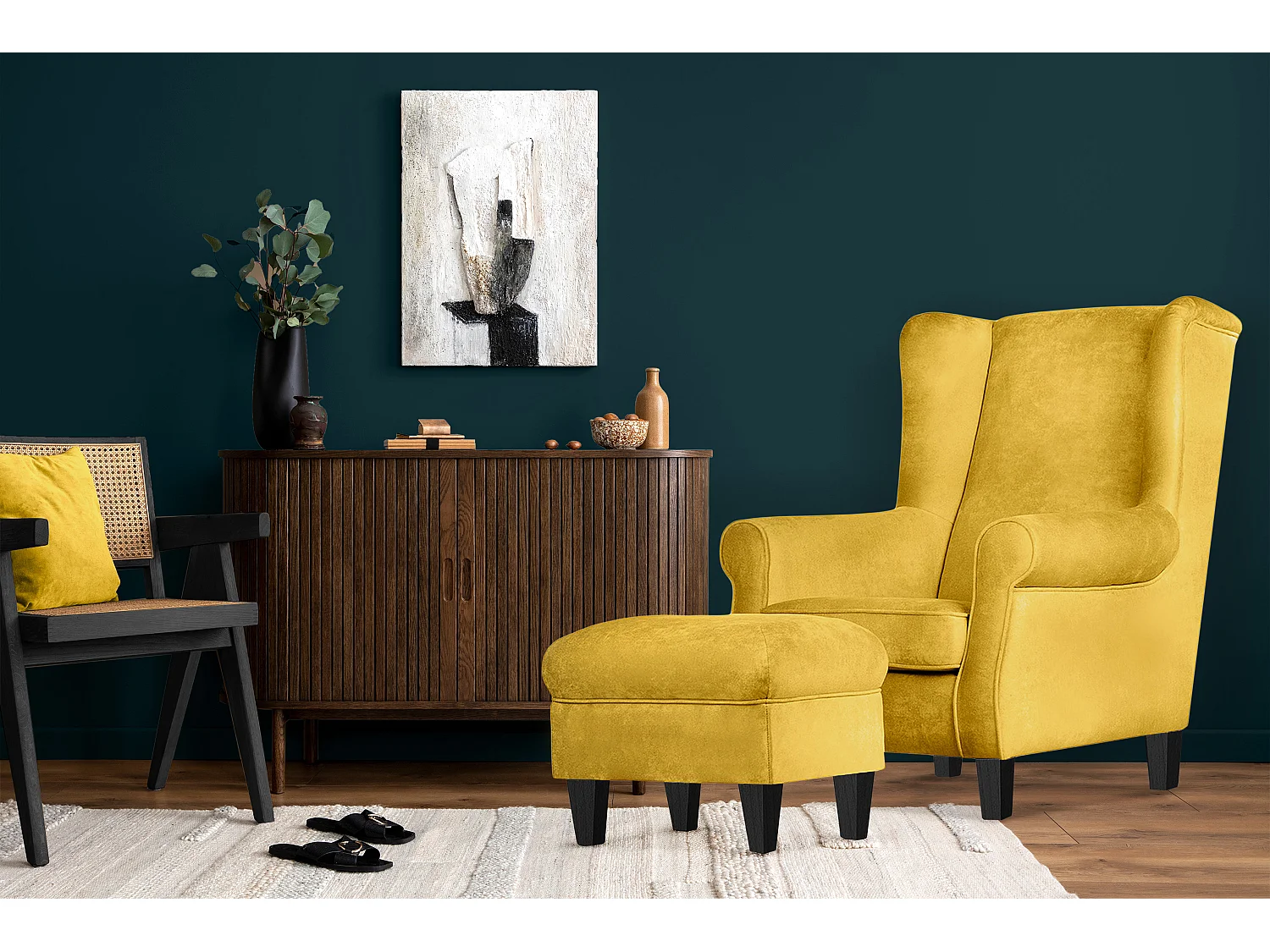 Ohrensessel Set inkl. Sitzhocker -  Gelb - MILES