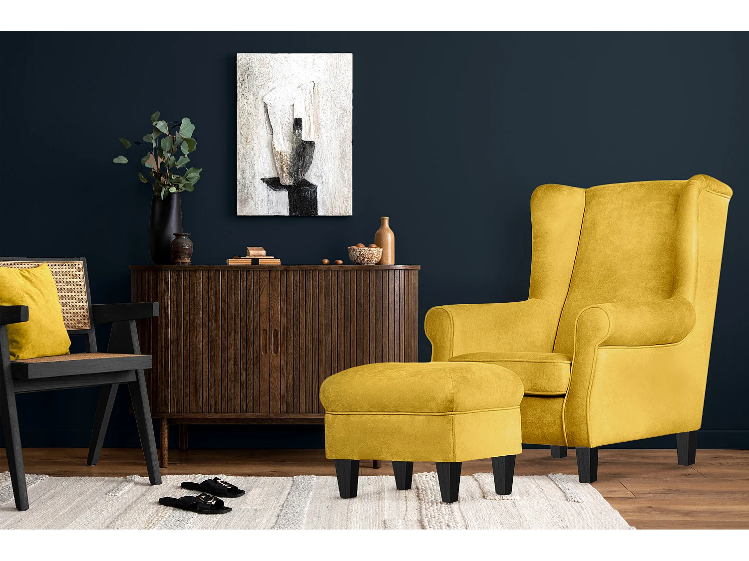 Ohrensessel Set inkl. Sitzhocker -  Gelb - MILES