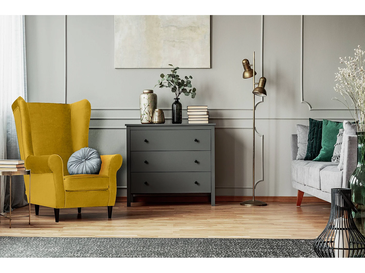 Ohrensessel Set inkl. Sitzhocker -  Gelb - MILES