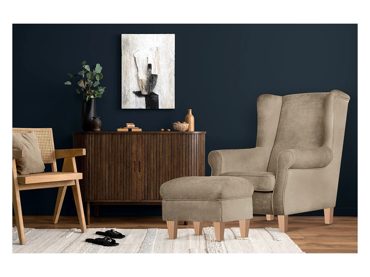Ohrensessel Set inkl. Sitzhocker -  Beige - MILES