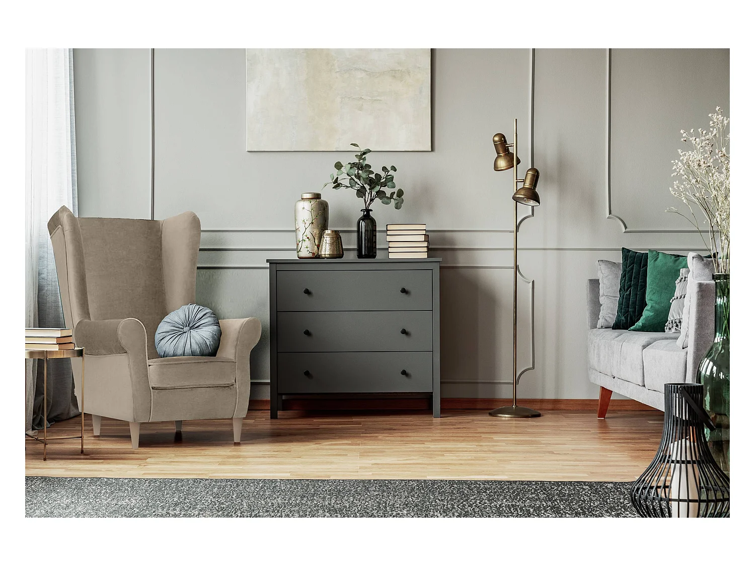 Ohrensessel Set inkl. Sitzhocker -  Beige - MILES