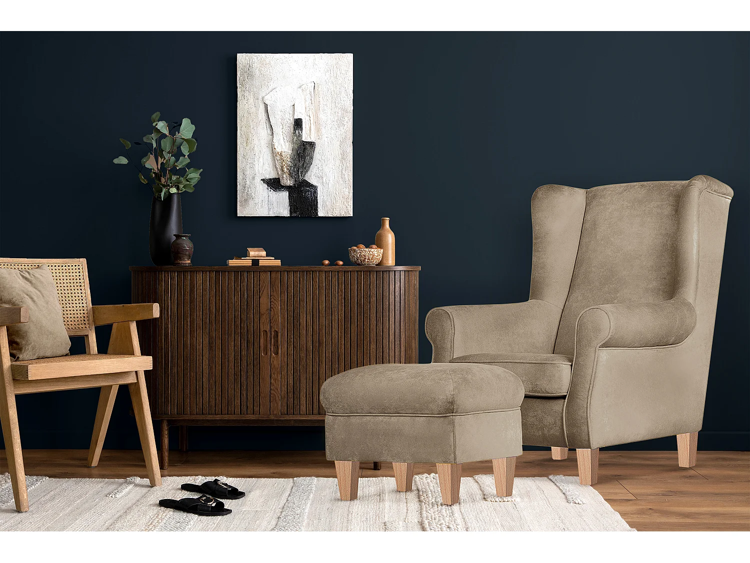 Ohrensessel Set inkl. Sitzhocker -  Beige - MILES