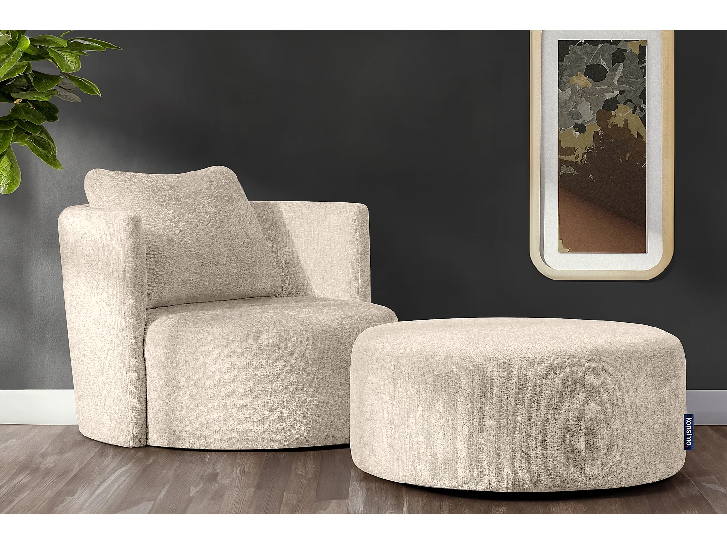 Drehsessel Set inkl. Sitzhocker - Chenille-Stoff - ecrue - RAGGI