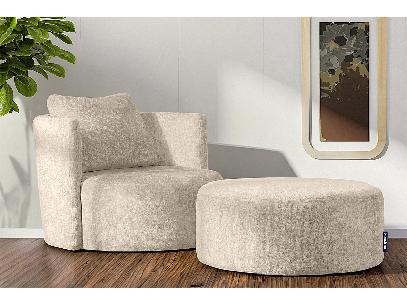 Drehsessel Set inkl. Sitzhocker - Chenille-Stoff - ecrue - RAGGI