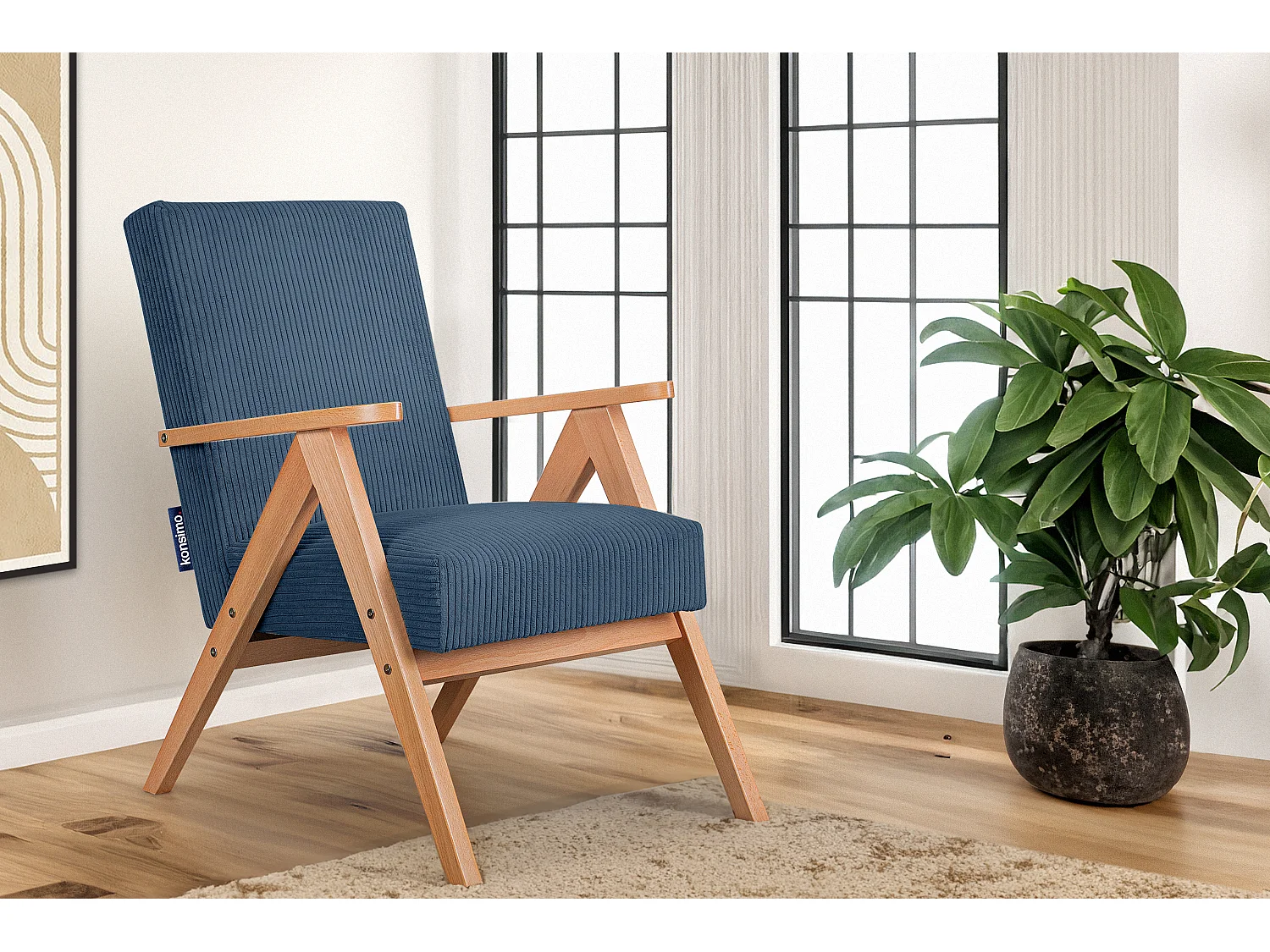 Vintage Sessel gepolstert Echt-Holz-Rahmen - dunkelblau - NASET