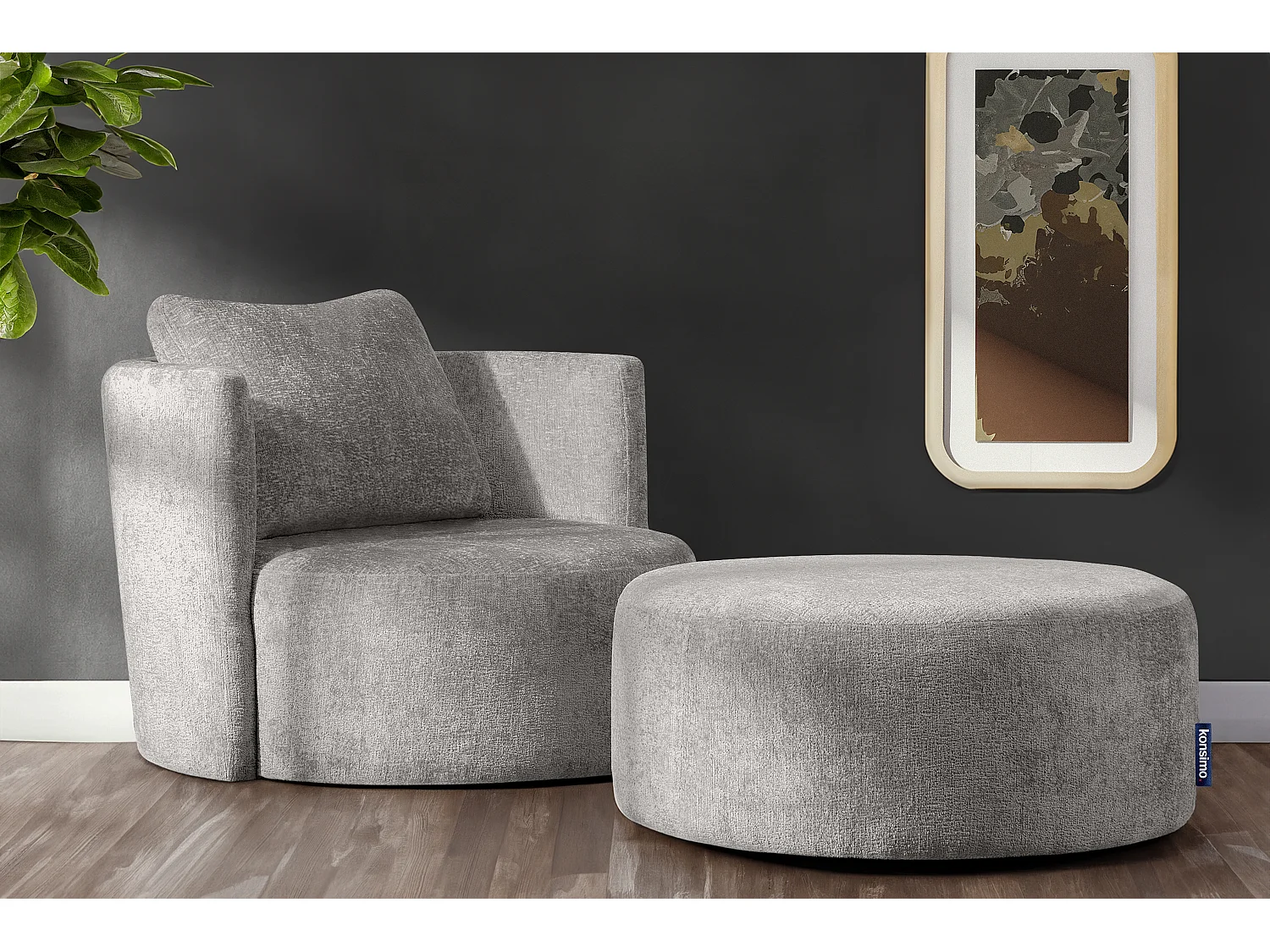 Drehsessel Set inkl. Sitzhocker - Chenille-Stoff - grau - RAGGI