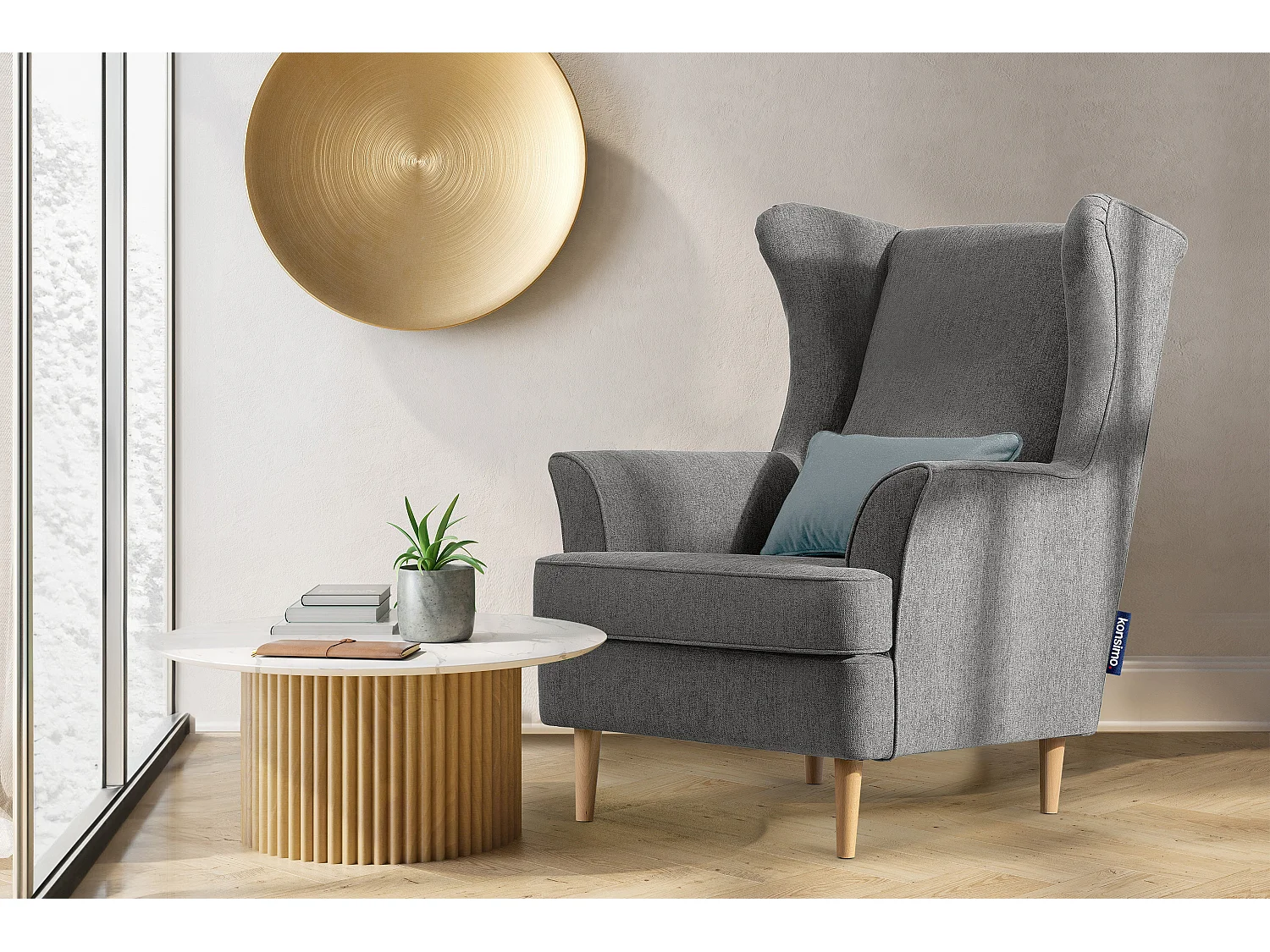 Klassischer Ohrensessel - Velours-Bezug hellgrau - STRALIS