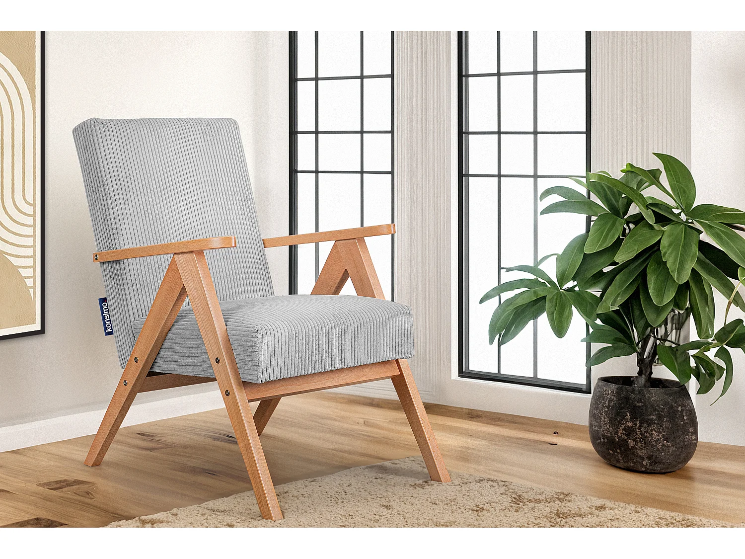 Vintage Sessel gepolstert Echt-Holz-Rahmen - grau - NASET