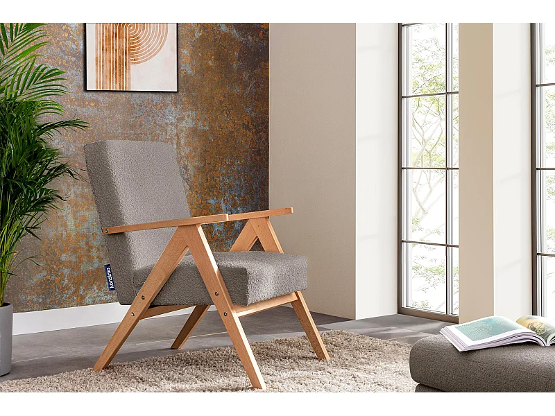 Vintage Sessel gepolstert Echt-Holz-Rahmen - hellbeige - NASET