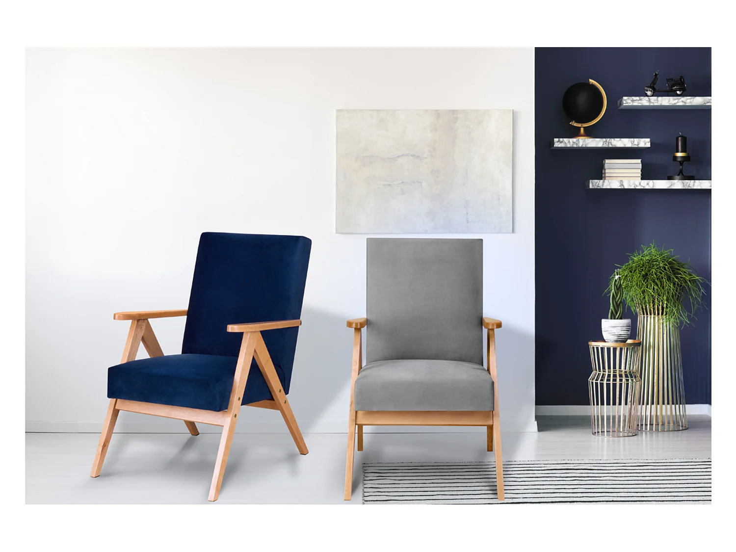 Vintage Sessel gepolstert Echt-Holz-Rahmen - dunkelblau - NASET