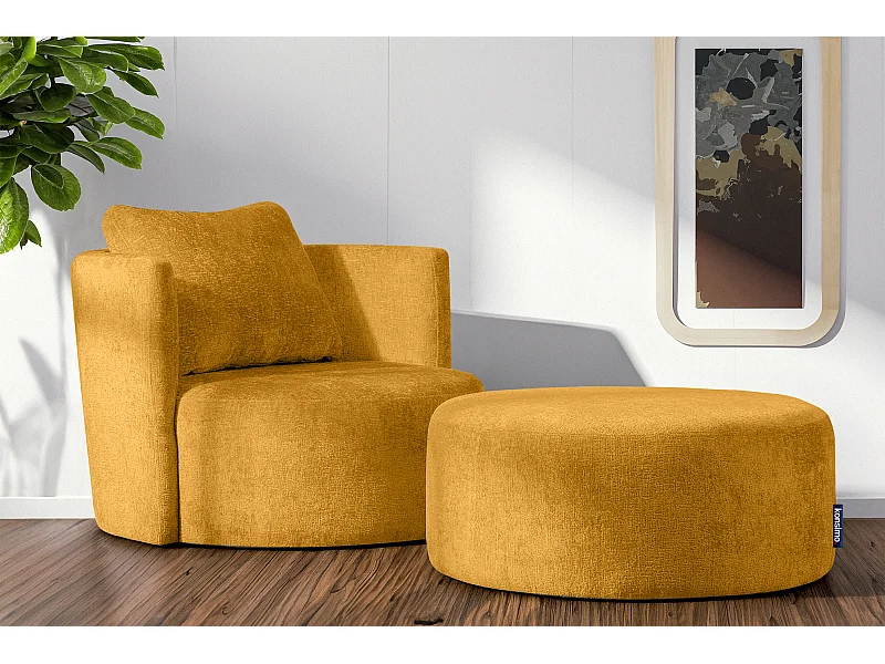 Drehsessel Set inkl. Sitzhocker - Chenille-Stoff - gelb - RAGGI