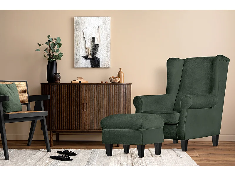 Ohrensessel Set inkl. Sitzhocker -  Grün - MILES