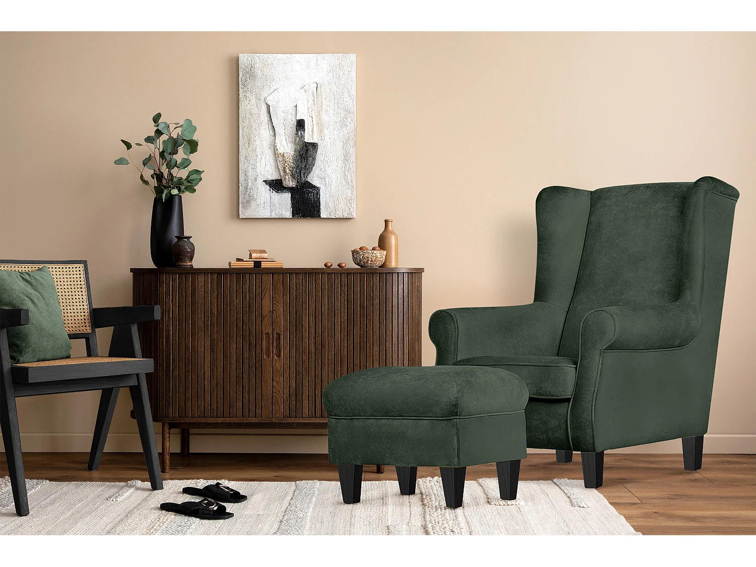 Ohrensessel Set inkl. Sitzhocker -  Grün - MILES