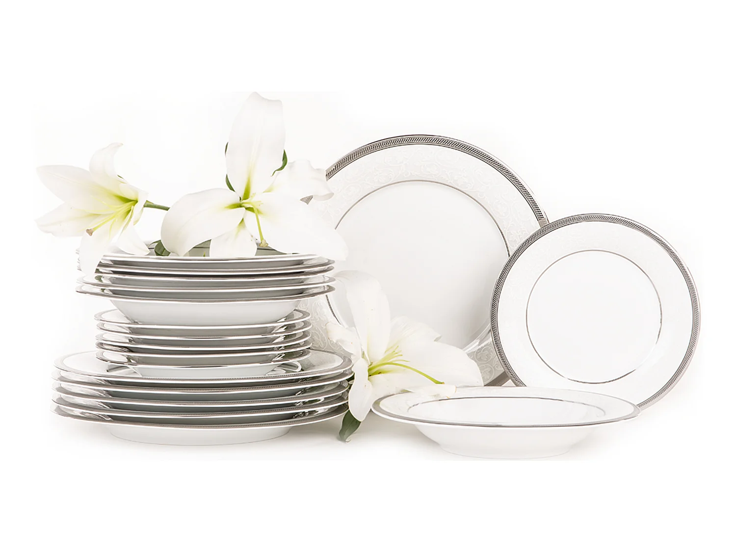 Abendessenservice für 6 Personen (18-tlg) - Porzellan - Platin - GEOS PLATIN