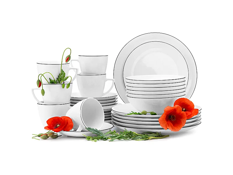 Kombiservice (30-tlg) - 6 Personen - Porzellan - Schwarzer Rand - BOSS