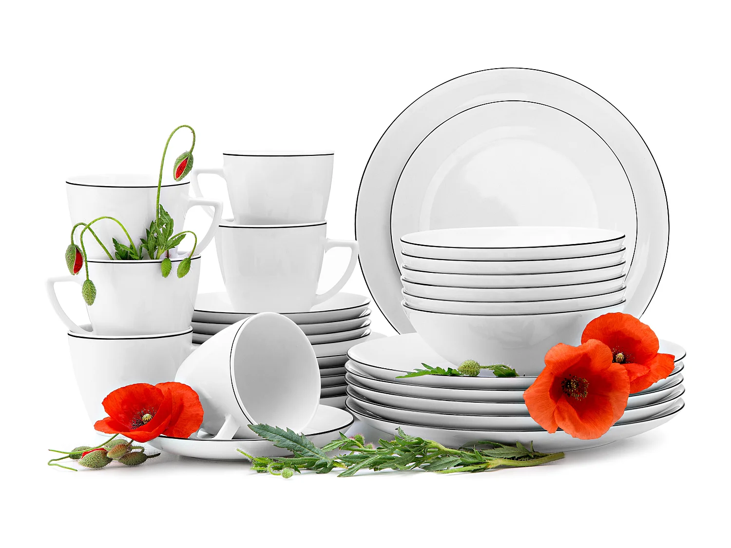 Kombiservice (30-tlg) - 6 Personen - Porzellan - Schwarzer Rand - BOSS