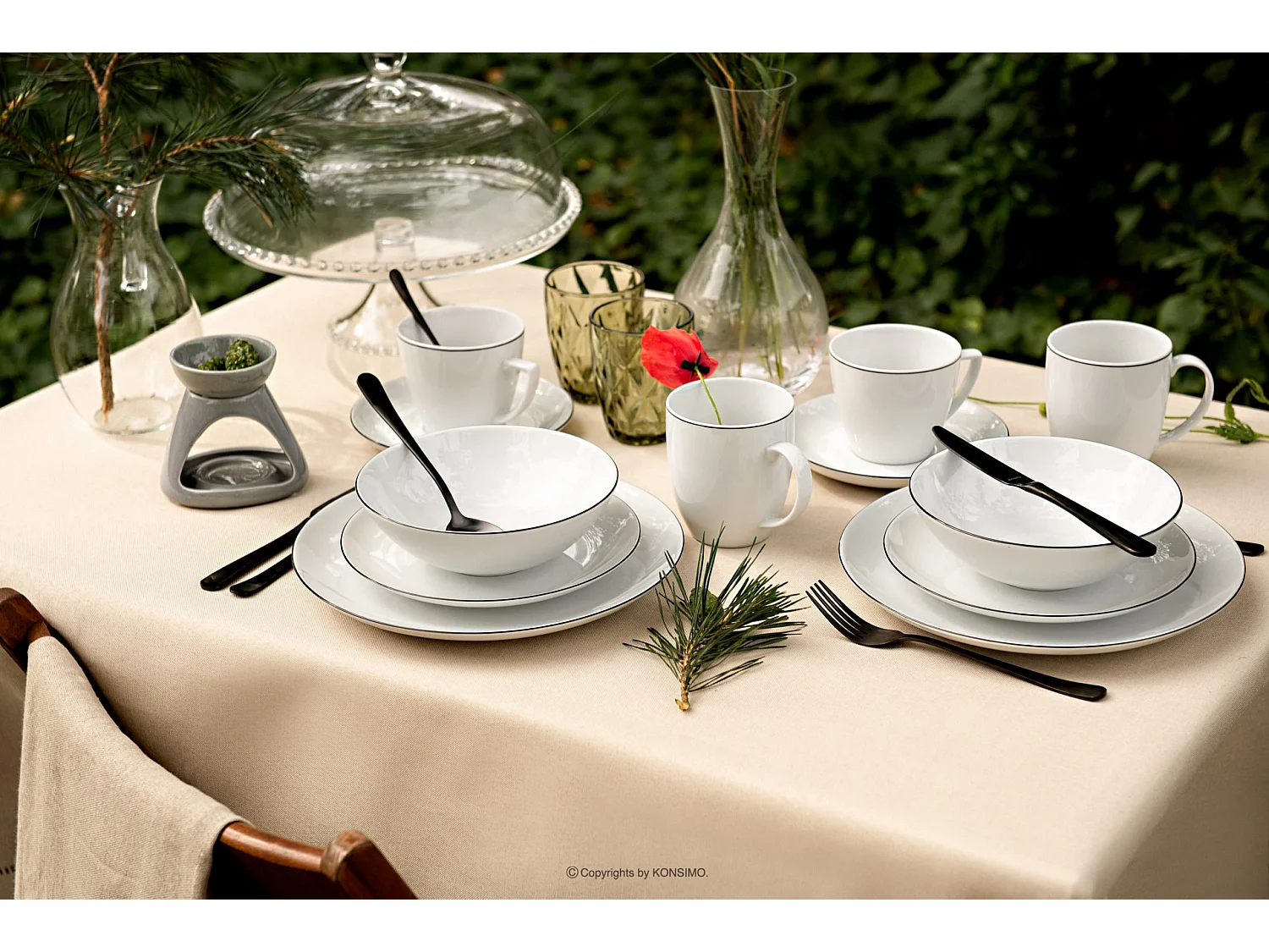 Tafelservice für 6 Personen (18 El.) - Porzellan - Schwarzer Rand - BOSS