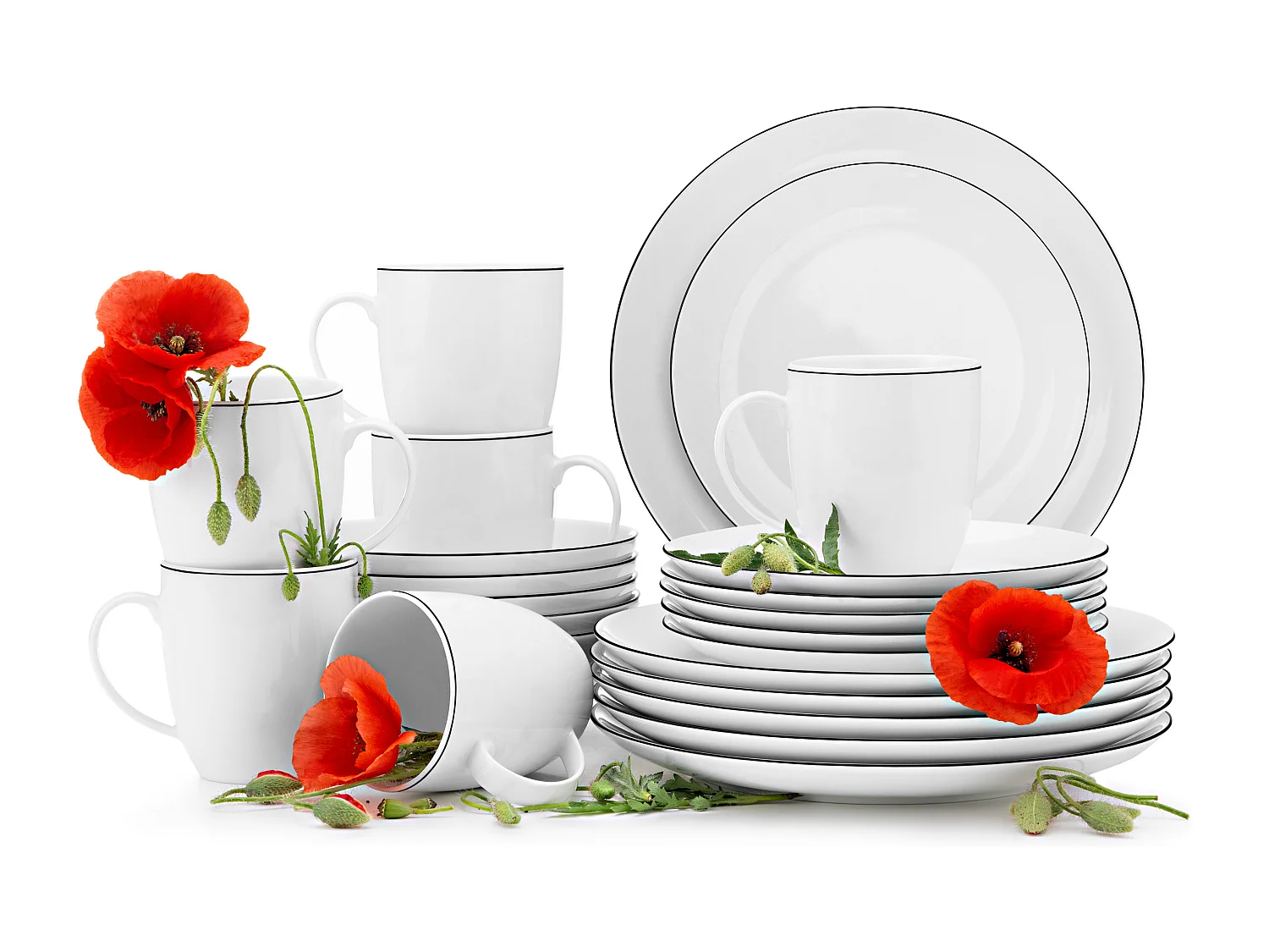 Kombiservice (24-tlg) - 6 Personen - Porzellan - Schwarzer Rand - BOSS