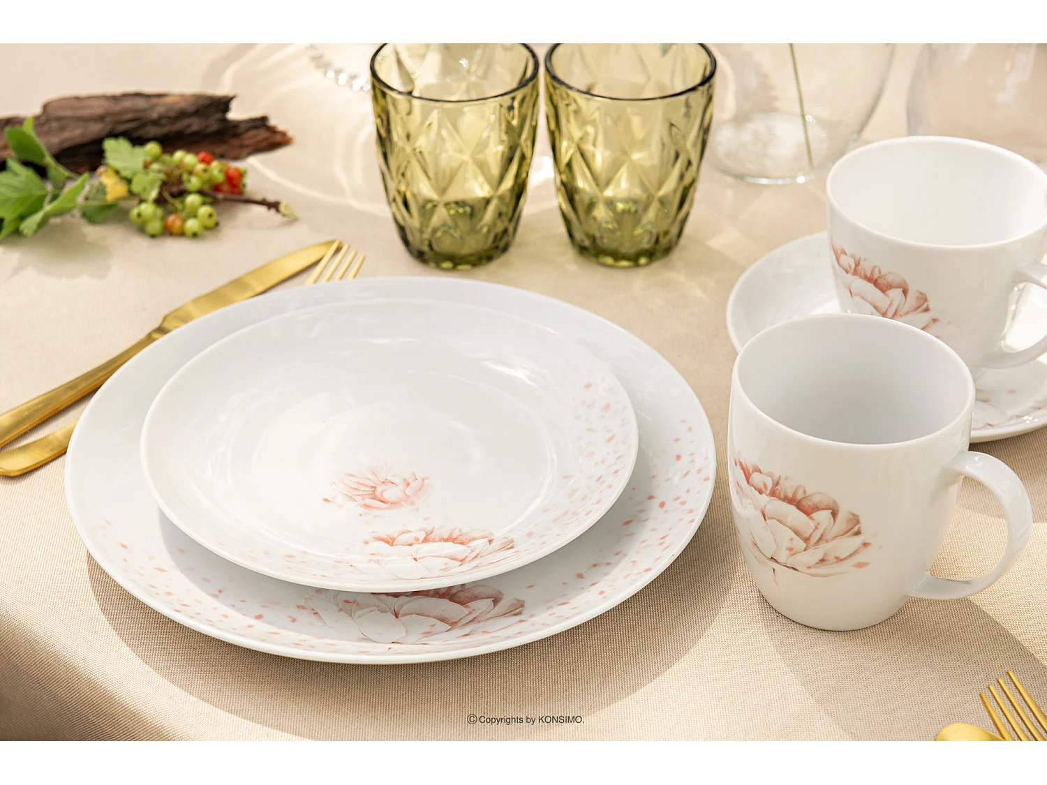 Tafelservice (18-tlg) - Porzellan - Weiß/Rosa - BOSS