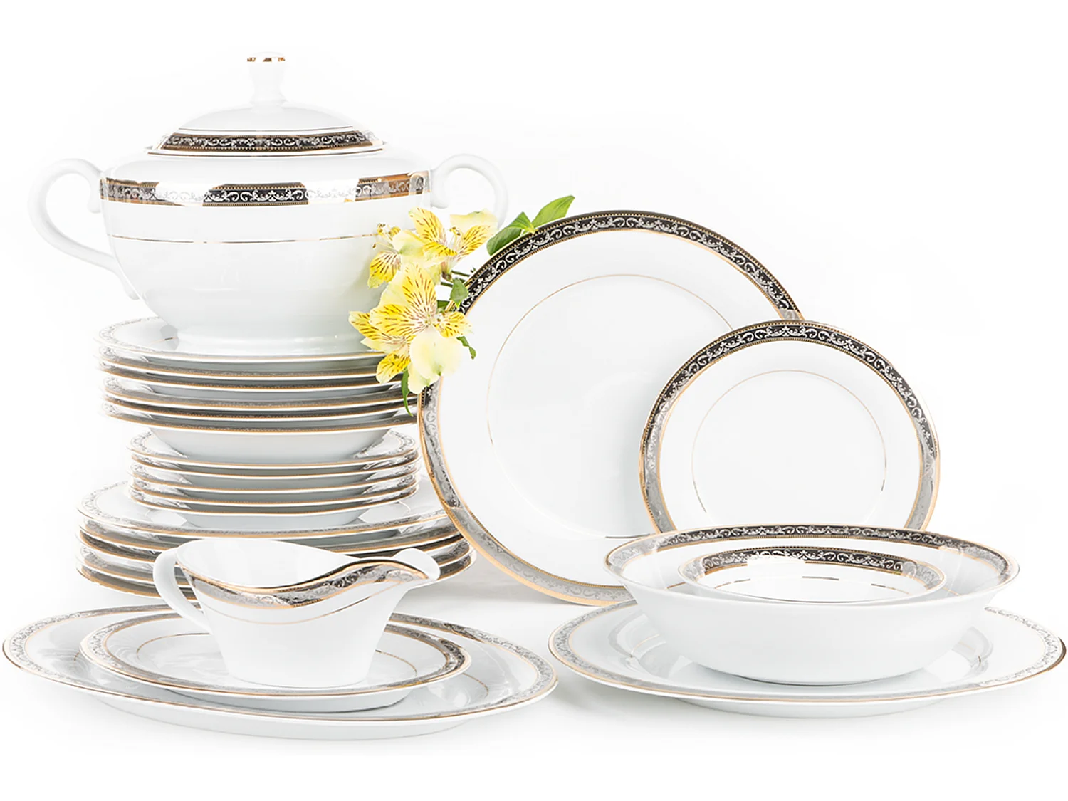 Kombiservice (25-tlg) - Porzellan - Weiß - Silber - Gold - CONTE