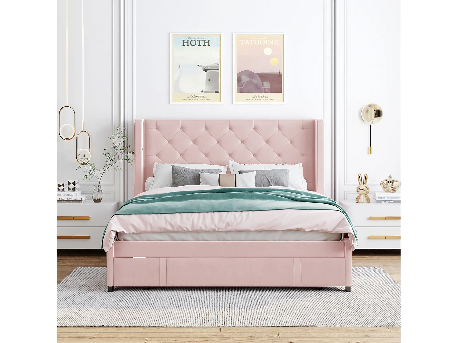 Lit capitonné avec tête de lit 140 x 200 cm - tissu lin - sommier inclus - coloris rose