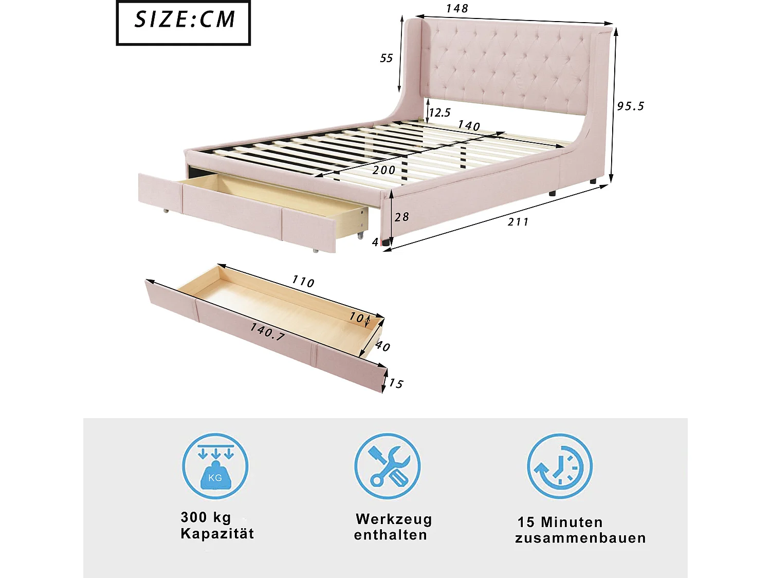 Lit capitonné avec tête de lit 140 x 200 cm - tissu lin - sommier inclus - coloris rose