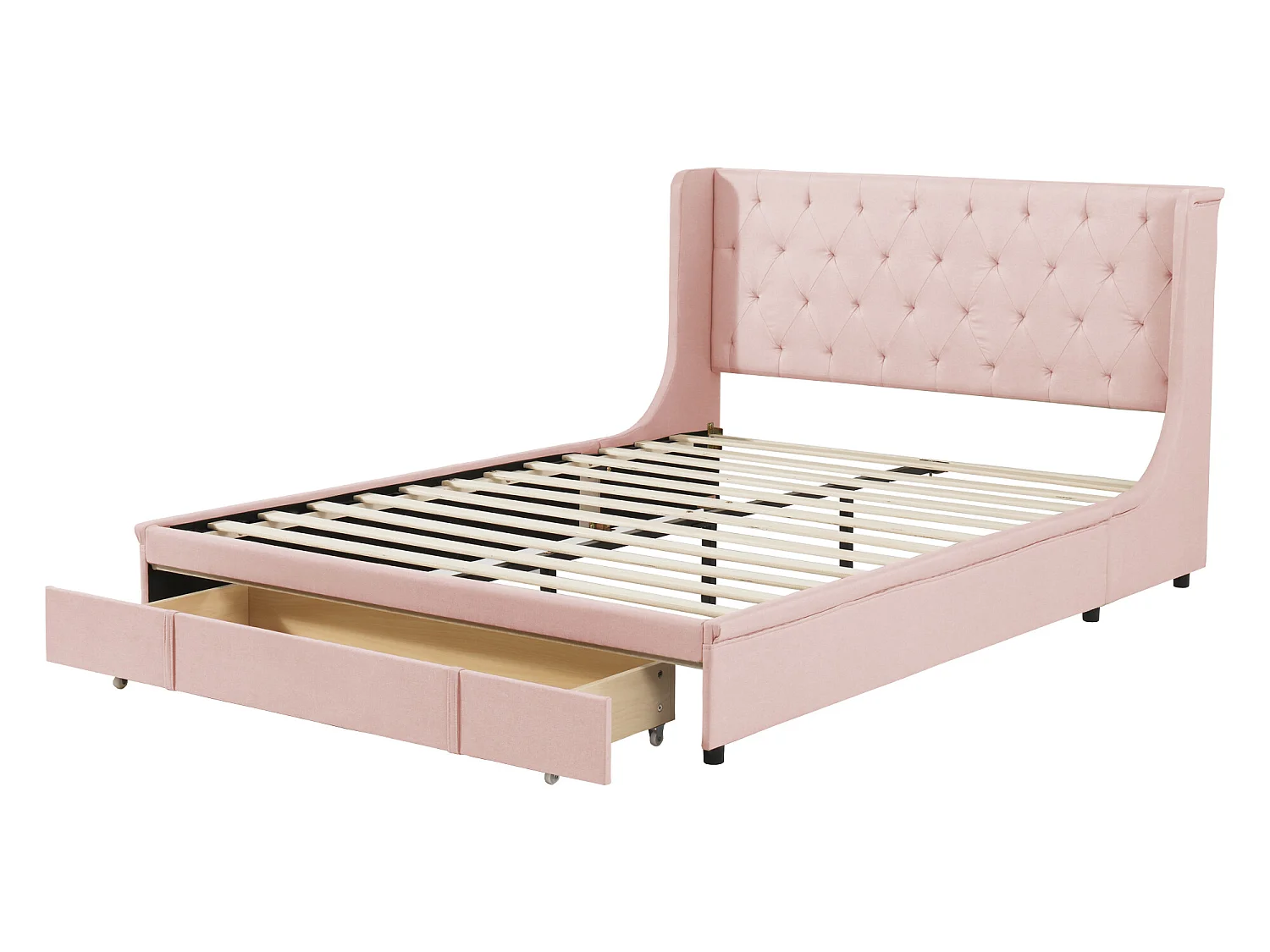 Lit capitonné avec tête de lit 140 x 200 cm - tissu lin - sommier inclus - coloris rose