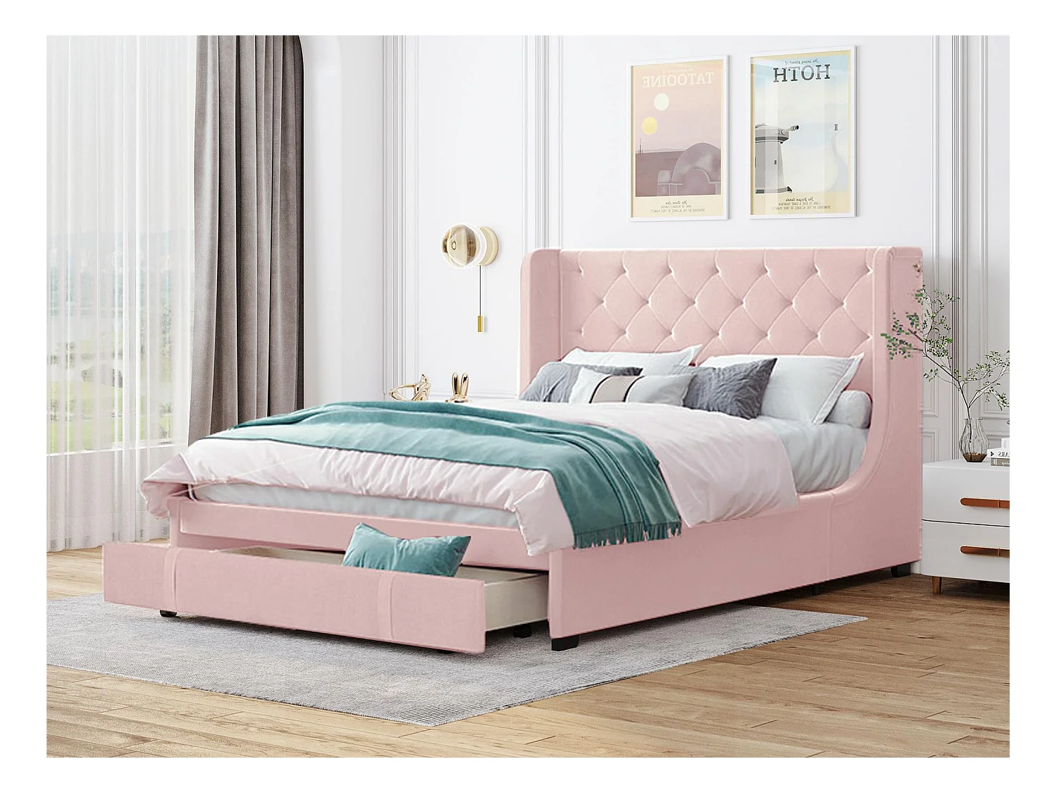 Lit capitonné avec tête de lit 140 x 200 cm - tissu lin - sommier inclus - coloris rose