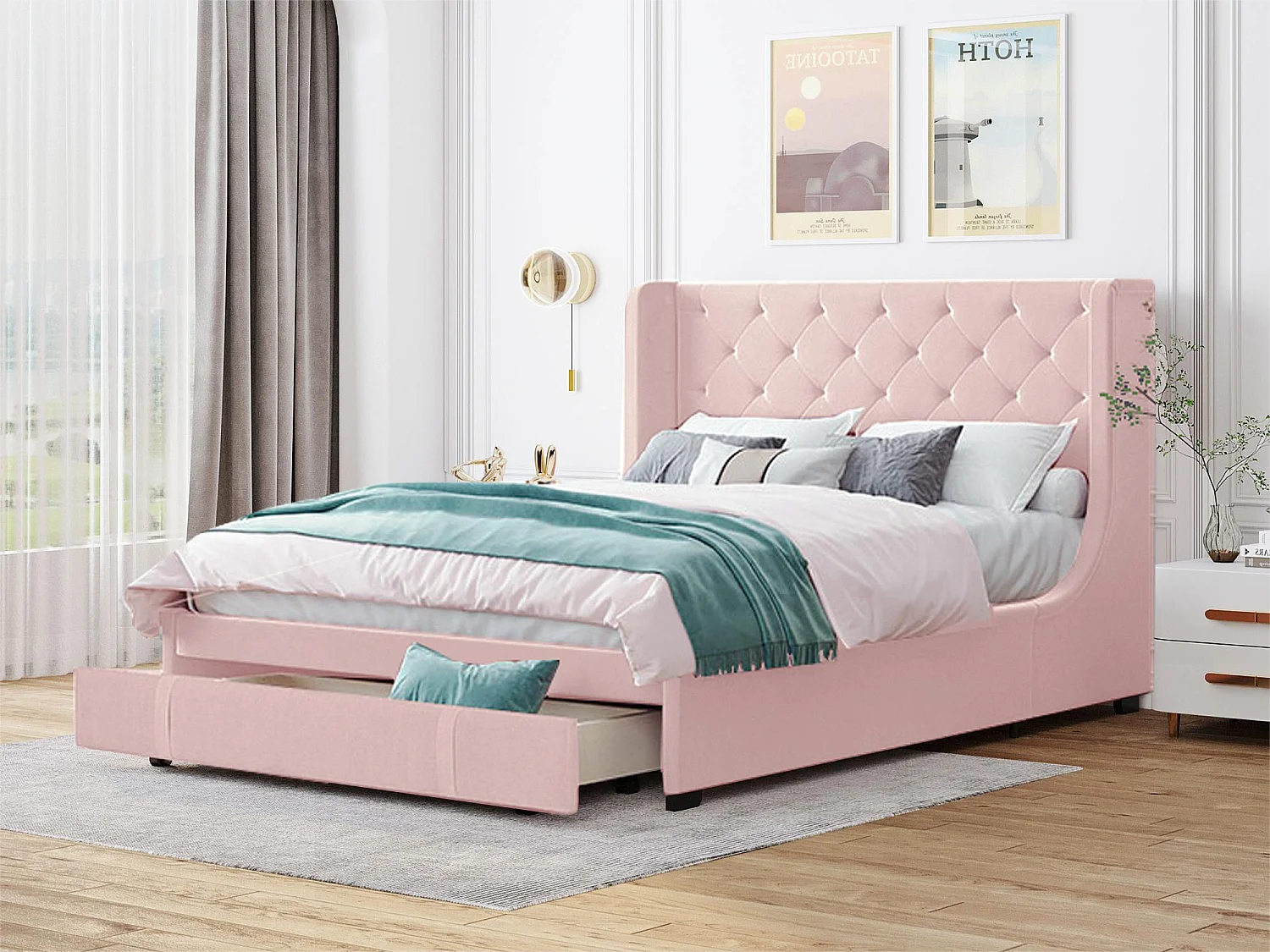 Gestoffeerd bed met hoofdeinde 140 x 200 cm - linnenstof - inclusief boxspring - kleur roze