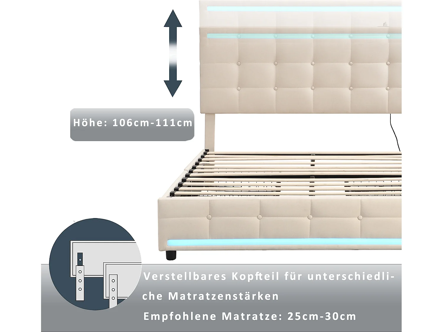 Lit capitonné 140 x 200 cm avec tête de lit et 2 tiroirs - tissu lin - LEDs et prise USB - coloris beige