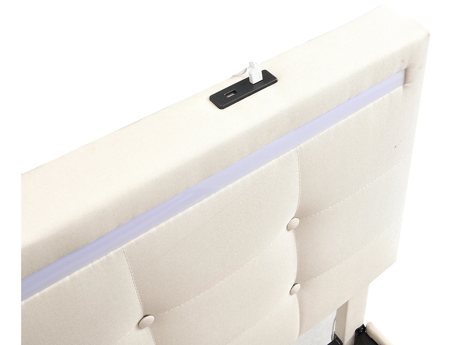 Lit capitonné 140 x 200 cm avec tête de lit et 2 tiroirs - tissu lin - LEDs et prise USB - coloris beige