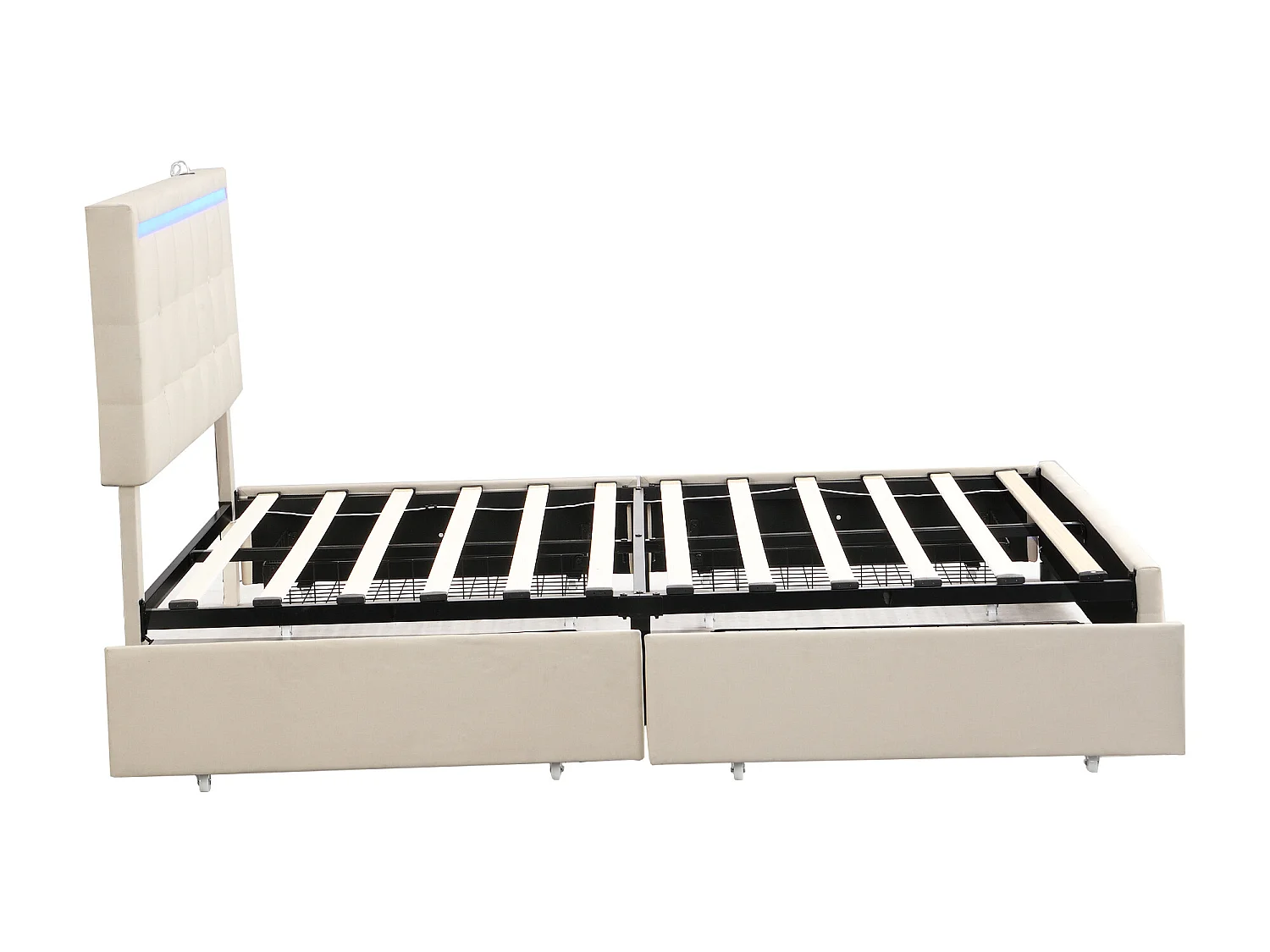 Lit capitonné 140 x 200 cm avec tête de lit et 2 tiroirs - tissu lin - LEDs et prise USB - coloris beige