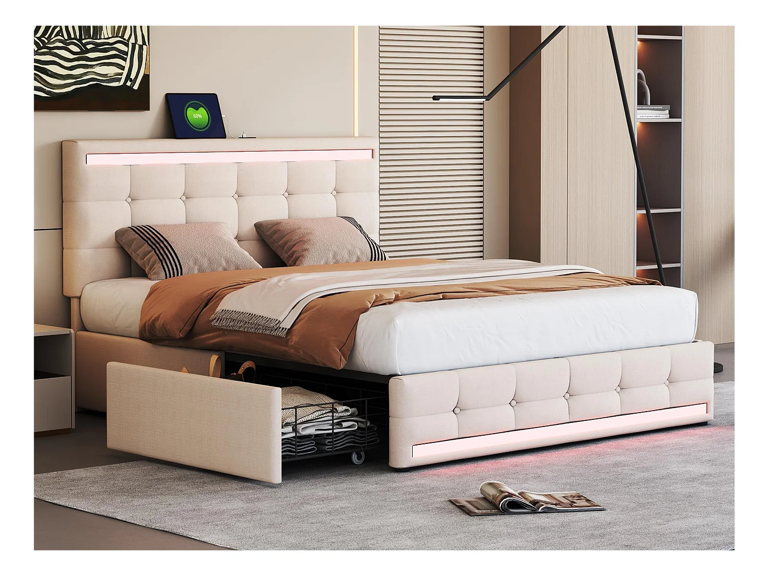 Opbergbed met hoofdeinde en 2 laden - 140x200 cm - linnenstof - LED's en USB-aansluiting - beige kleur